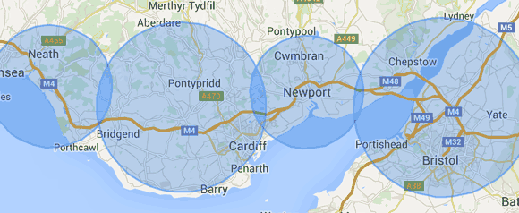 Areas covered map image highlighting South Wales and Bristol